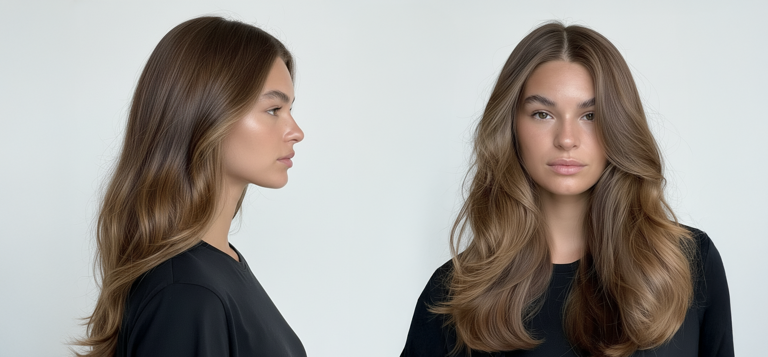 Modelo con cabello castaño claro ondulado y brillante, mostrando volumen y salud. - Luxent Professional