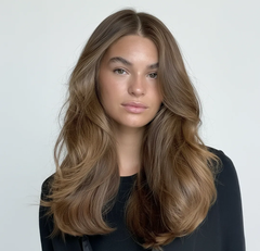 Modelo con cabello castaño claro ondulado y brillante. Peinado profesional para cabello largo | L'xent Professional
