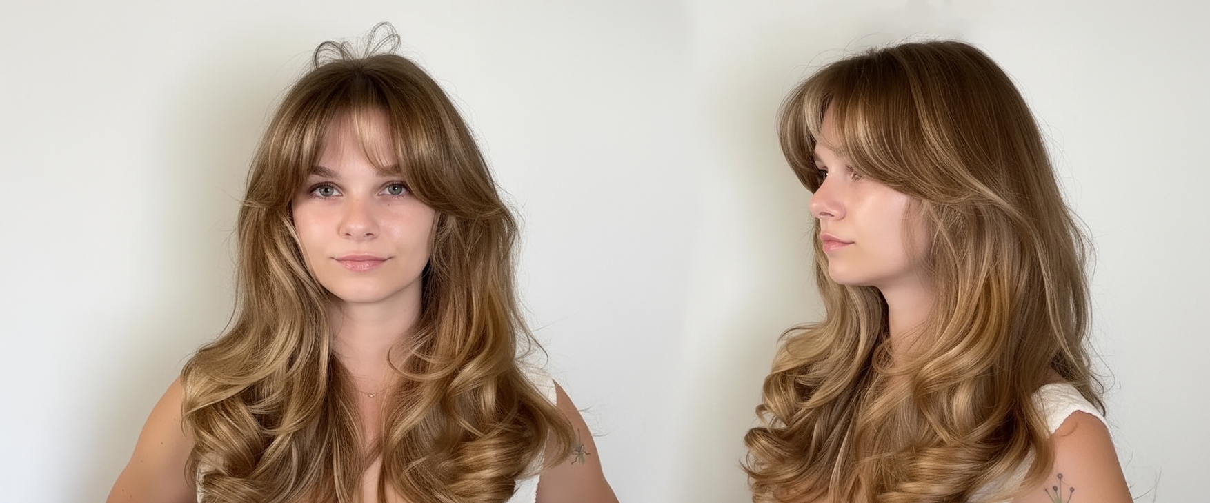 Mujer con cabello rubio miel, flequillo cortina y ondas suaves. Peinado profesional. - Luxent Professional