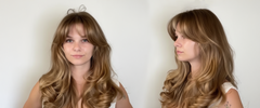 Mujer con cabello rubio miel, flequillo cortina y ondas suaves. Peinado profesional. - Luxent Professional