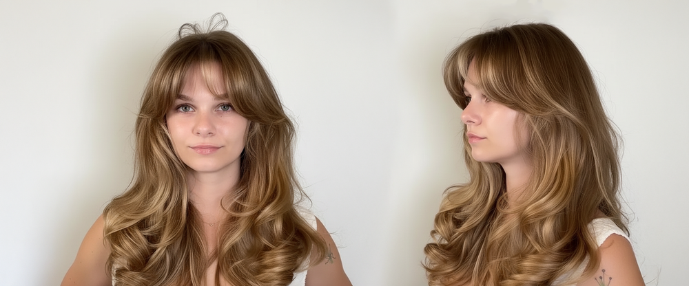 Mujer con cabello rubio miel, flequillo cortina y ondas voluminosas. Peinado moderno y saluda | L'xent Professional
