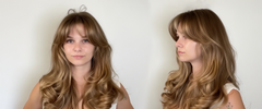 Mujer con cabello rubio miel, flequillo cortina y ondas voluminosas. Peinado moderno y saluda | L'xent Professional