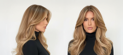 Modelo con cabello rubio dorado y reflejos, peinado con ondas voluminosas. - Luxent Professional