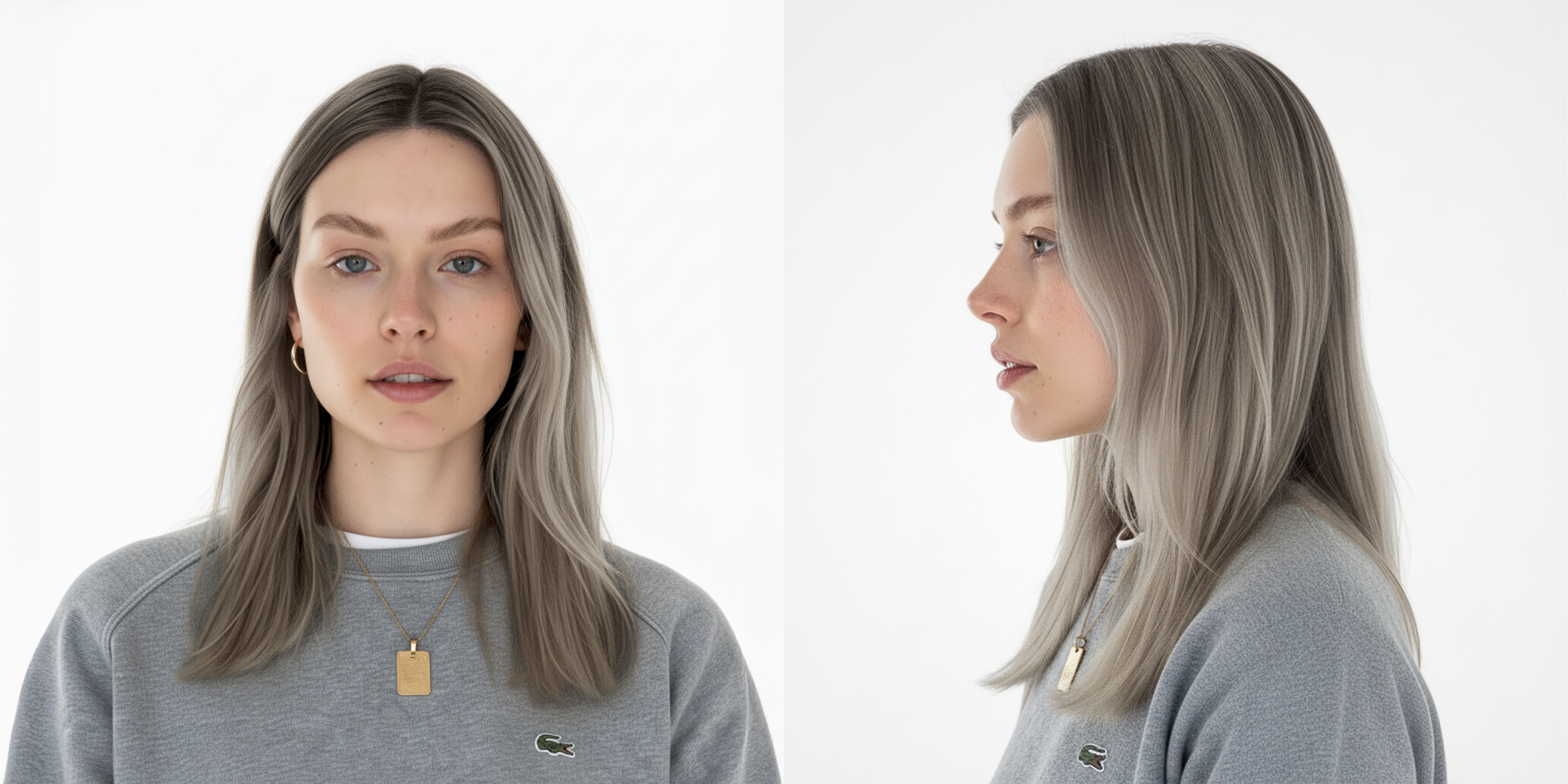 Modelo con cabello rubio ceniza liso, mostrando el color y textura. - Luxent Professional