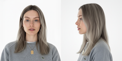 Modelo con cabello rubio ceniza liso, mostrando el color y textura. - Luxent Professional