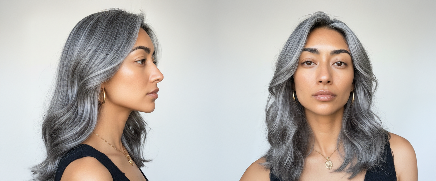Mujer con cabello gris plateado ondulado, mostrando el color y la textura del cabello. - Luxent Professional