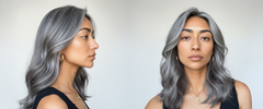 Mujer con cabello gris plateado ondulado, mostrando el color y la textura del cabello. - Luxent Professional