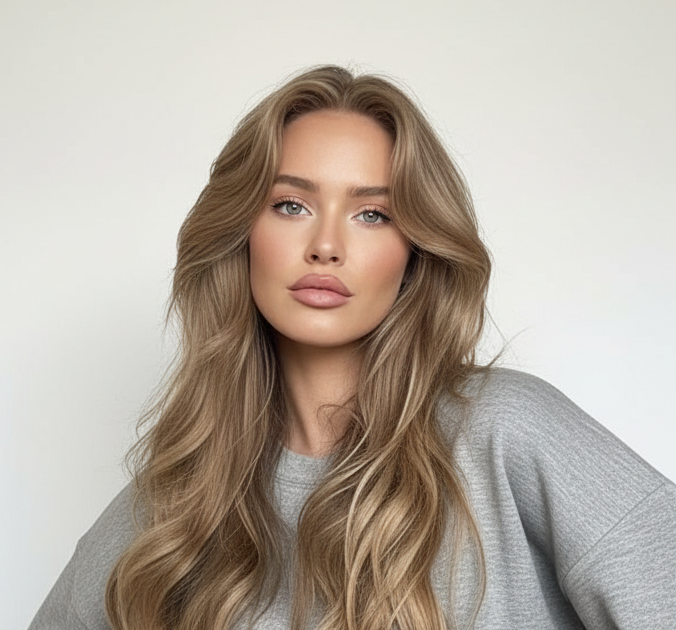 Modelo con cabello rubio ceniza ondulado y voluminoso, mostrando un estilo elegante - Luxent Professional