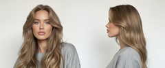 Modelo con cabello rubio ceniza ondulado, mostrando el color y la textura del cabello - Luxent Professional