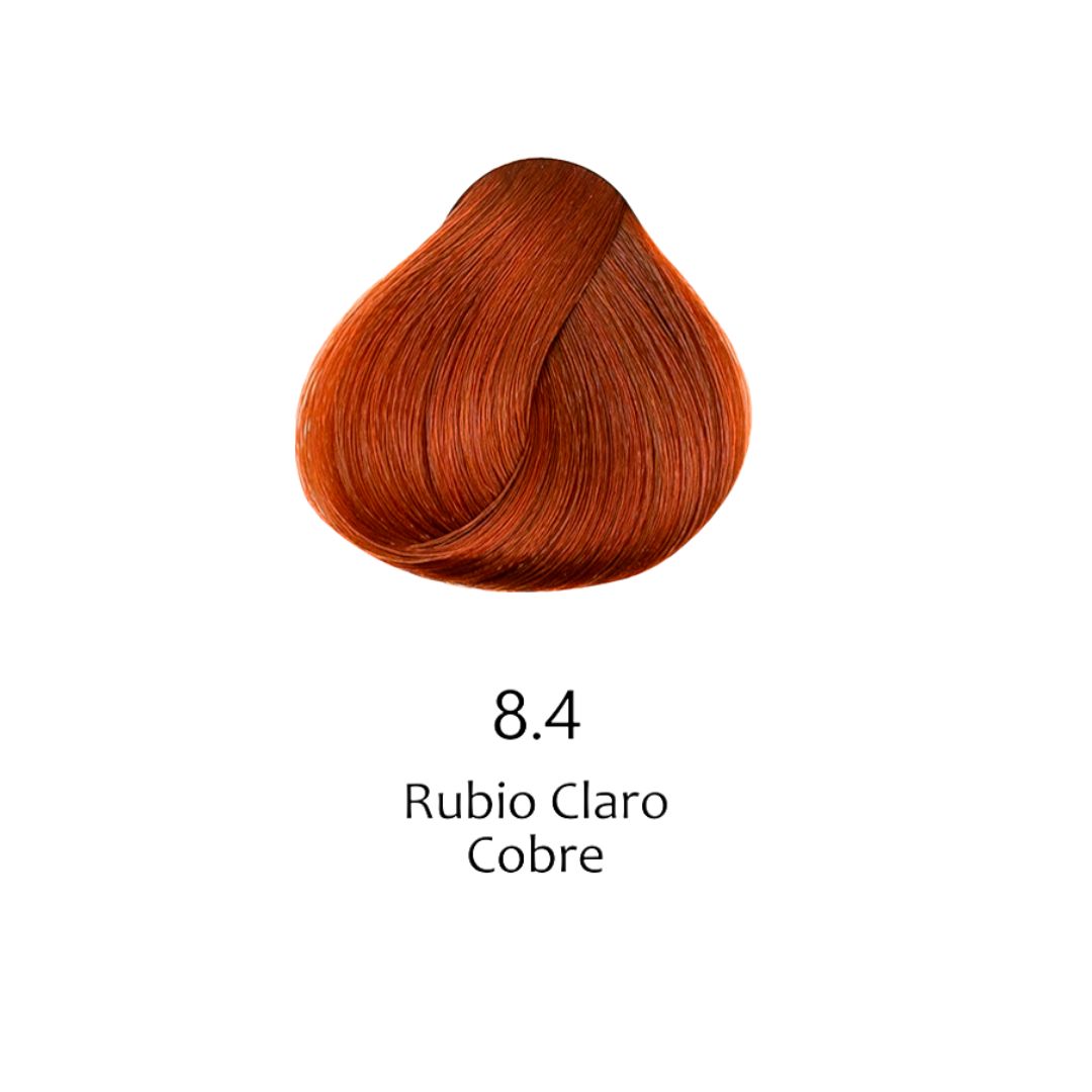 Muestra de color de tinte 8.4 Rubio Claro Cobre para cabello. Tono vibrante y profesional. - Luxent Professional