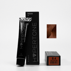 Tinte HyperTone 8.4 Rubio Claro Cobre, tubo y caja con muestra de color. - Luxent Professional