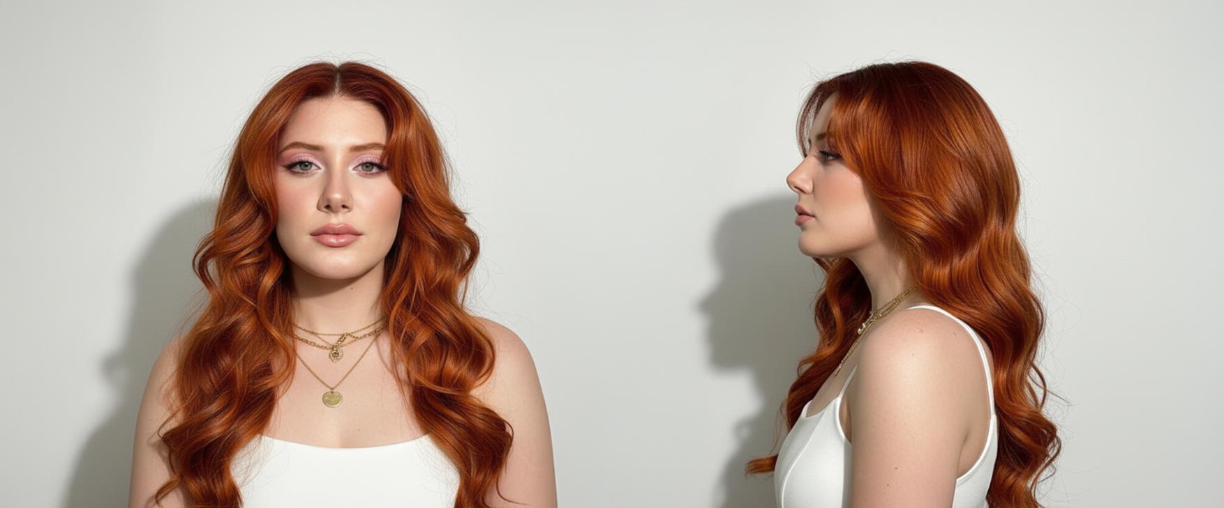Modelo con cabello pelirrojo vibrante y ondas suaves, mostrando el color desde diferentes áng - Luxent Professional