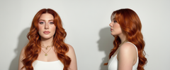 Modelo con cabello pelirrojo vibrante y ondas suaves, mostrando el color desde diferentes áng - Luxent Professional
