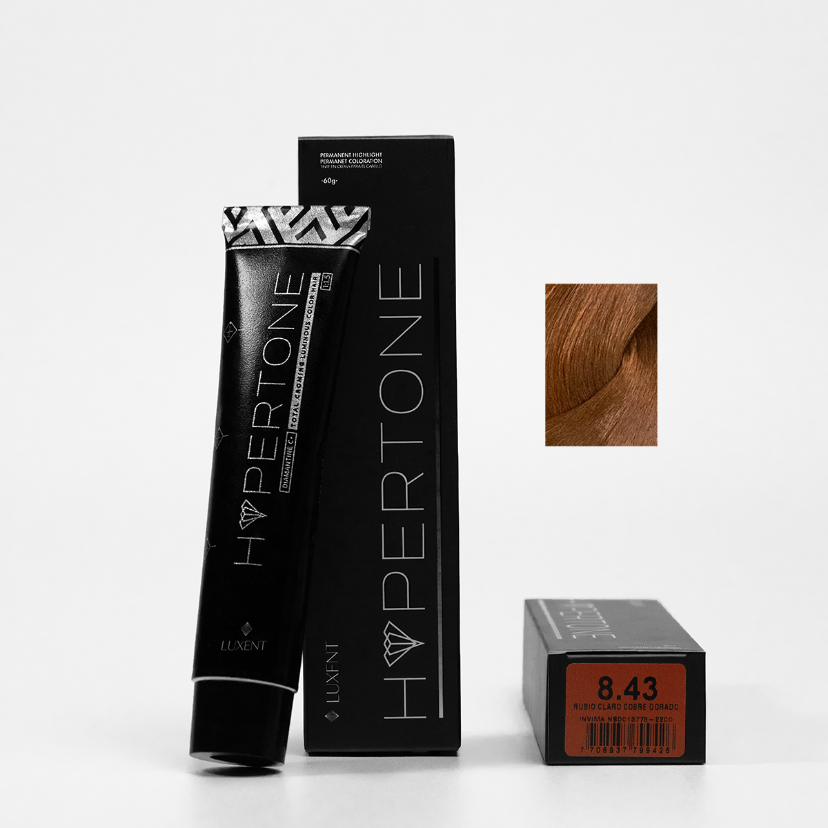 Tinte capilar profesional HyperTone 8.43 Rubio Claro Cobre Dorado con muestra de color - Luxent Professional