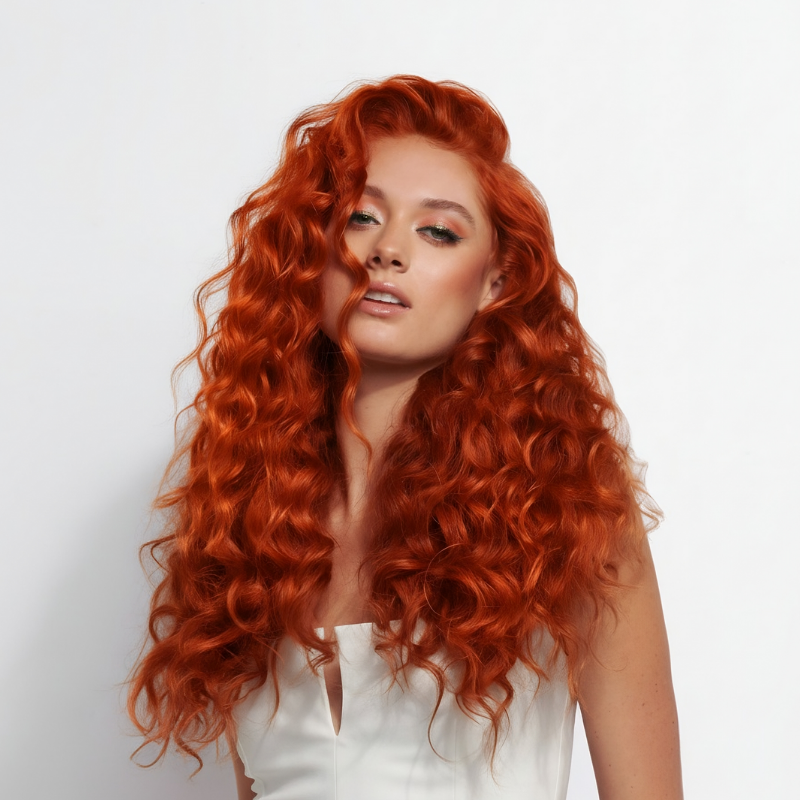 Modelo con cabello rizado rojo cobrizo vibrante, mostrando coloración profesional. - Luxent Professional