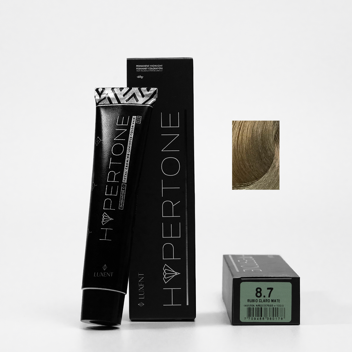 Tinte capilar profesional HyperTone 8.7 Rubio Claro Mate, tubo y caja con muestra de color - Luxent Professional