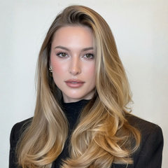 Mujer con cabello rubio largo y ondulado, reflejos dorados y volumen. - Luxent Professional