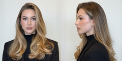 Modelo con cabello rubio balayage, liso con ondas suaves, de frente y perfil. - Luxent Professional