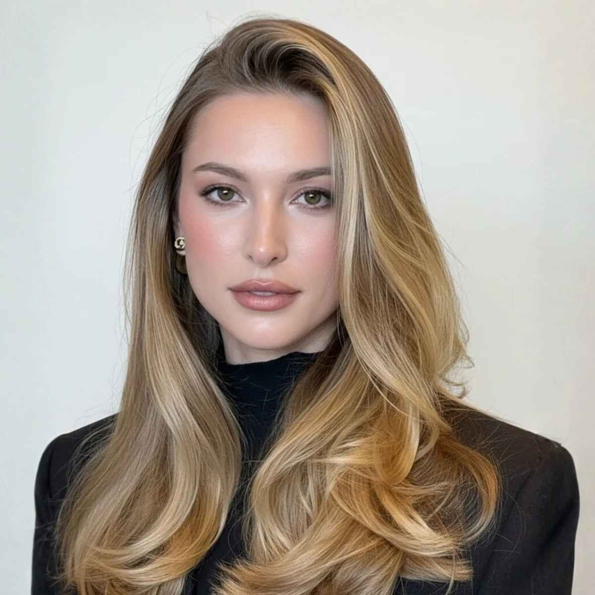 Mujer con cabello rubio largo y ondulado, reflejos dorados y volumen. | L'xent Professional