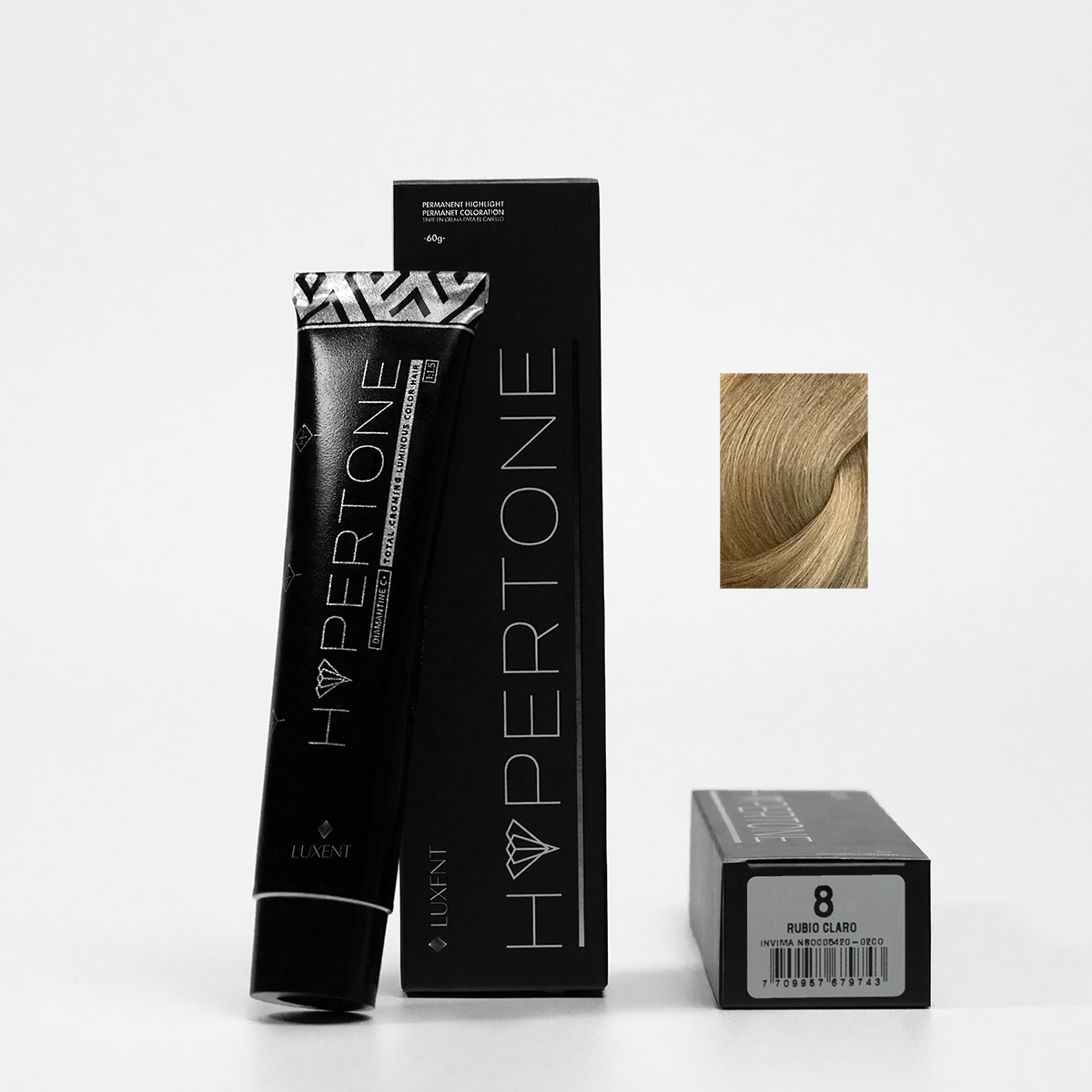 Tinte permanente Hypertone Rubio Claro 8, tubo y caja con muestra de color de cabello - Luxent Professional