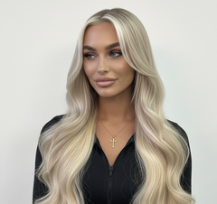 Modelo con cabello rubio platinado largo y ondulado, mostrando un resultado de color profesio - Luxent Professional