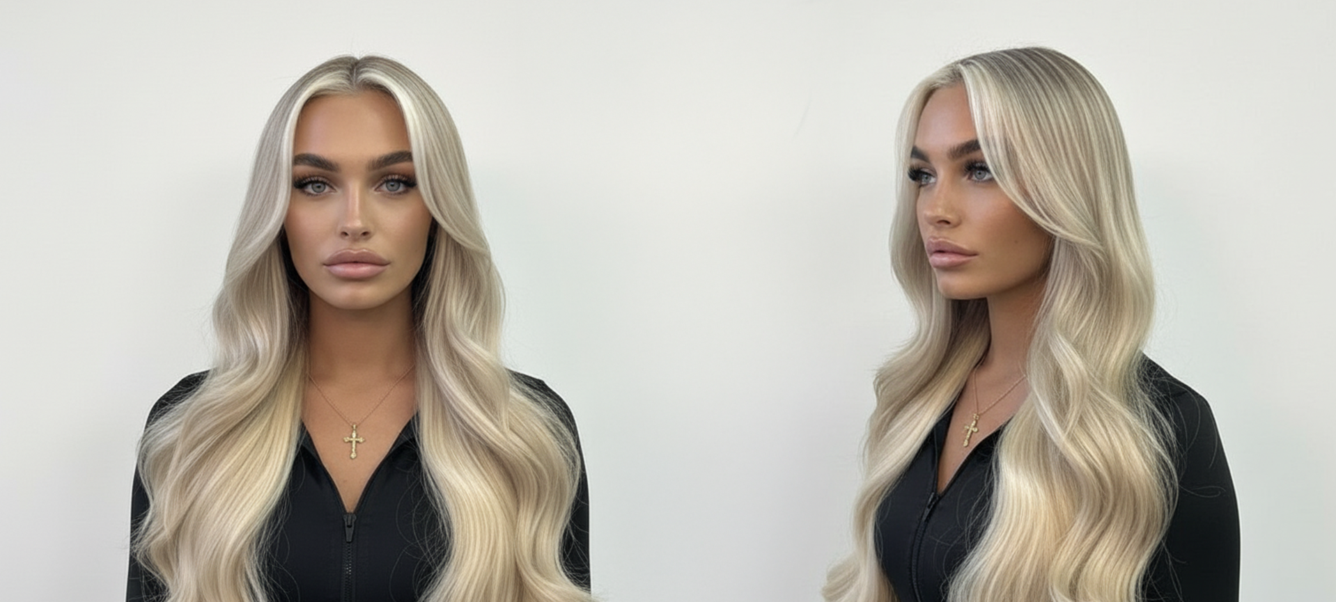 Modelo con cabello rubio platinado largo y ondulado, mostrando el resultado de un tinte profe - Luxent Professional