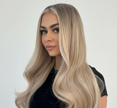 Mujer con cabello largo rubio platinado y raíces oscuras, resultado de tinte profesional - Luxent Professional