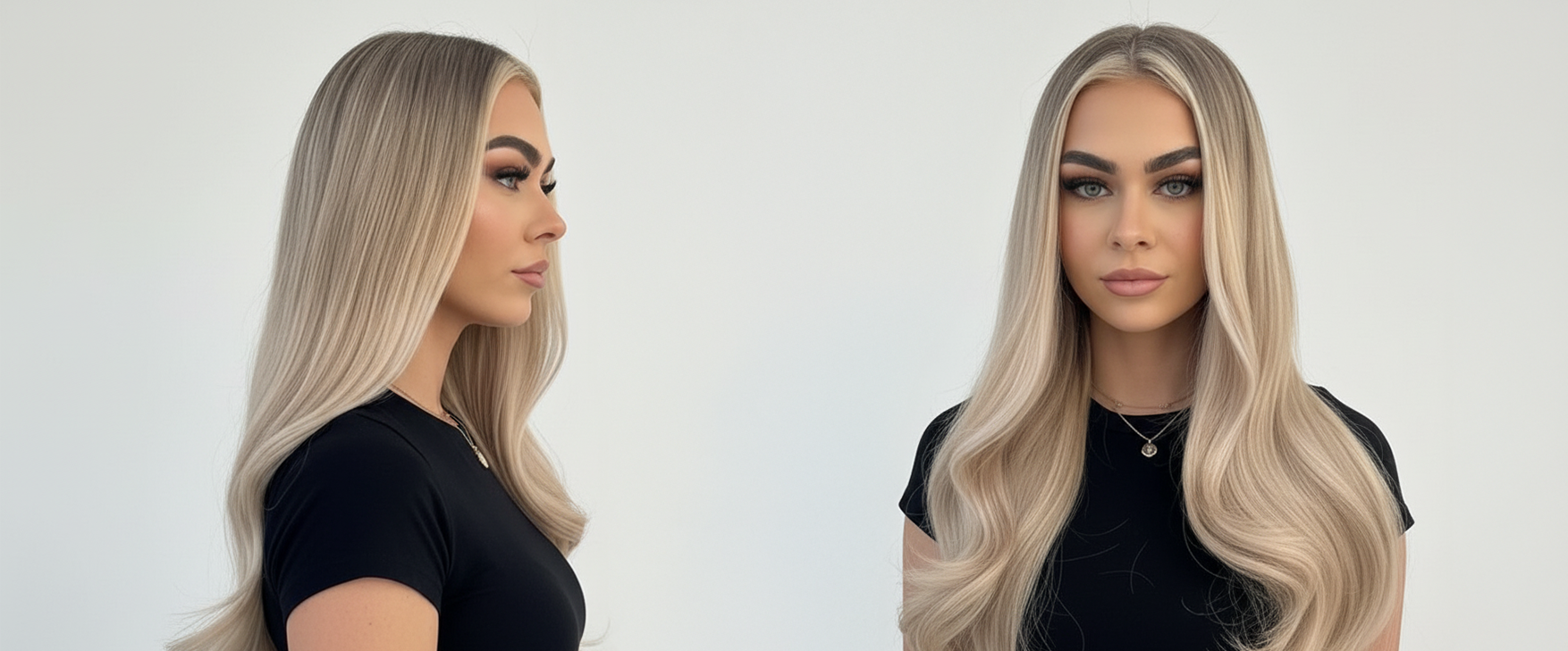Modelo con cabello rubio platinado liso y ondulado, mostrando el perfil y el frente - Luxent Professional