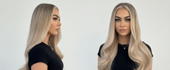 Modelo con cabello rubio platinado liso y ondulado, mostrando el perfil y el frente - Luxent Professional