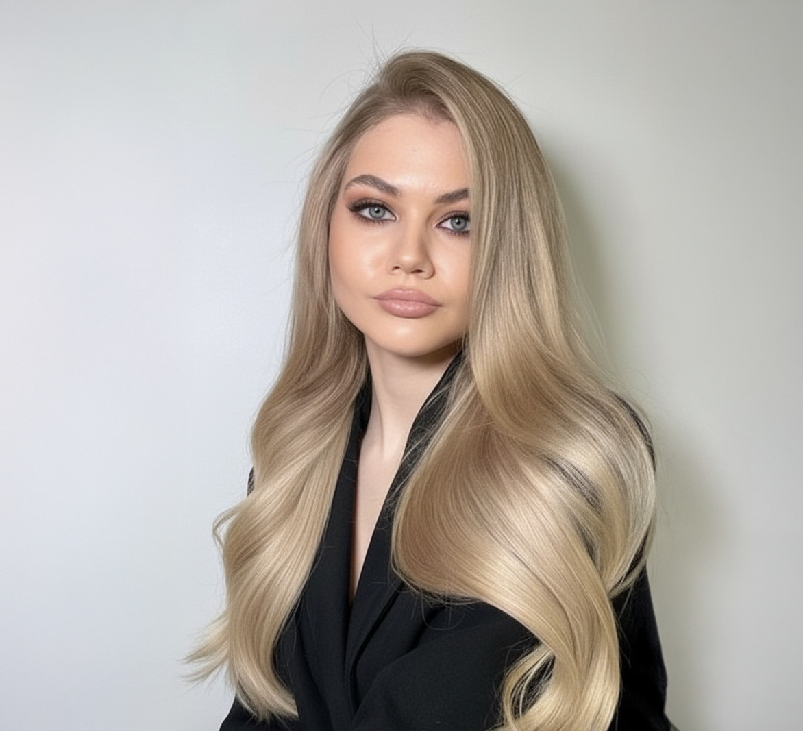 Mujer con cabello rubio platinado brillante y saludable, resultado de tintes profesionales - Luxent Professional