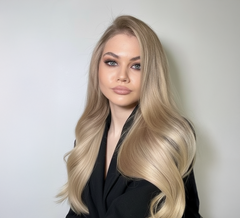Mujer con cabello rubio platinado brillante y saludable, resultado de tintes profesionales - Luxent Professional