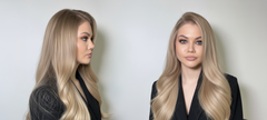 Modelo con cabello rubio liso y ondas suaves, mostrando un look profesional y elegante - Luxent Professional