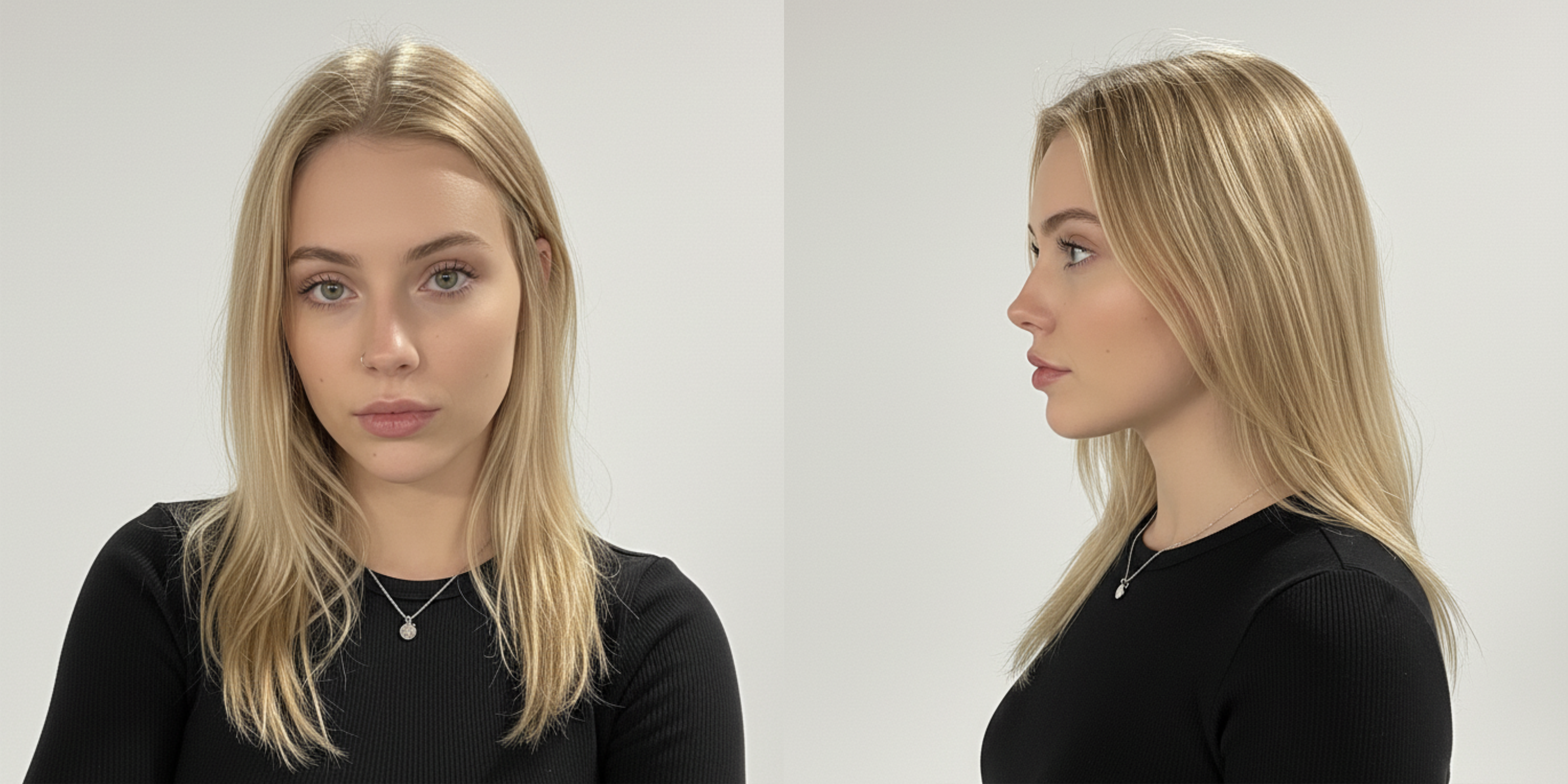 Modelo con cabello rubio liso, vista frontal y de perfil para productos capilares - Luxent Professional