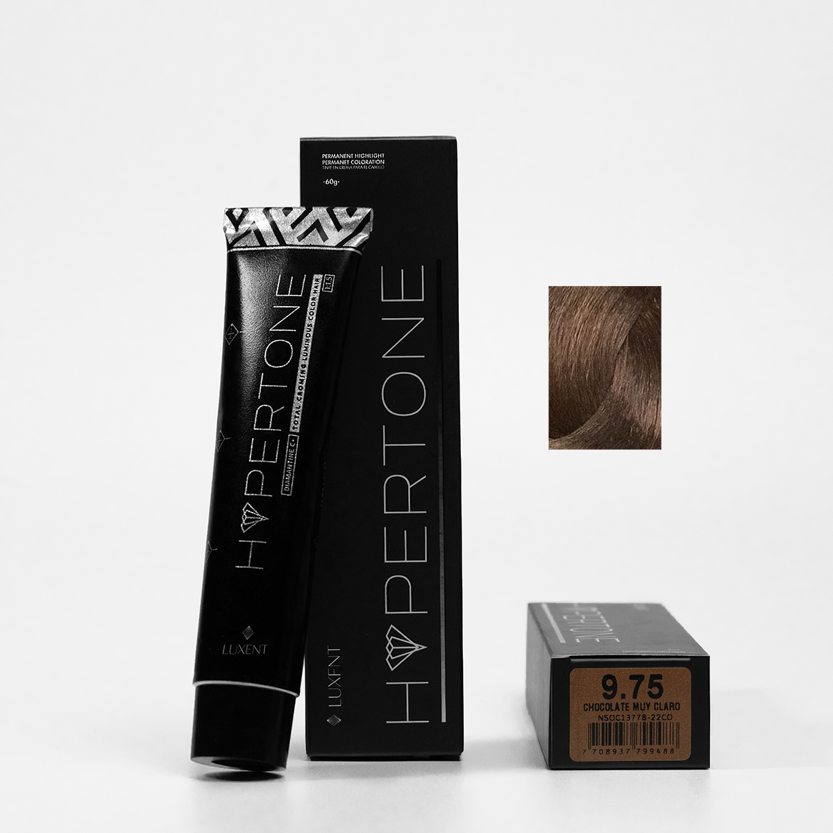 Tinte capilar profesional Hypertone 9.75 Chocolate Muy Claro, caja y tubo. - Luxent Professional