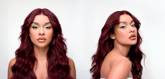 Modelo con cabello borgoña vibrante y ondulado, mostrando un look profesional y elegante - Luxent Professional