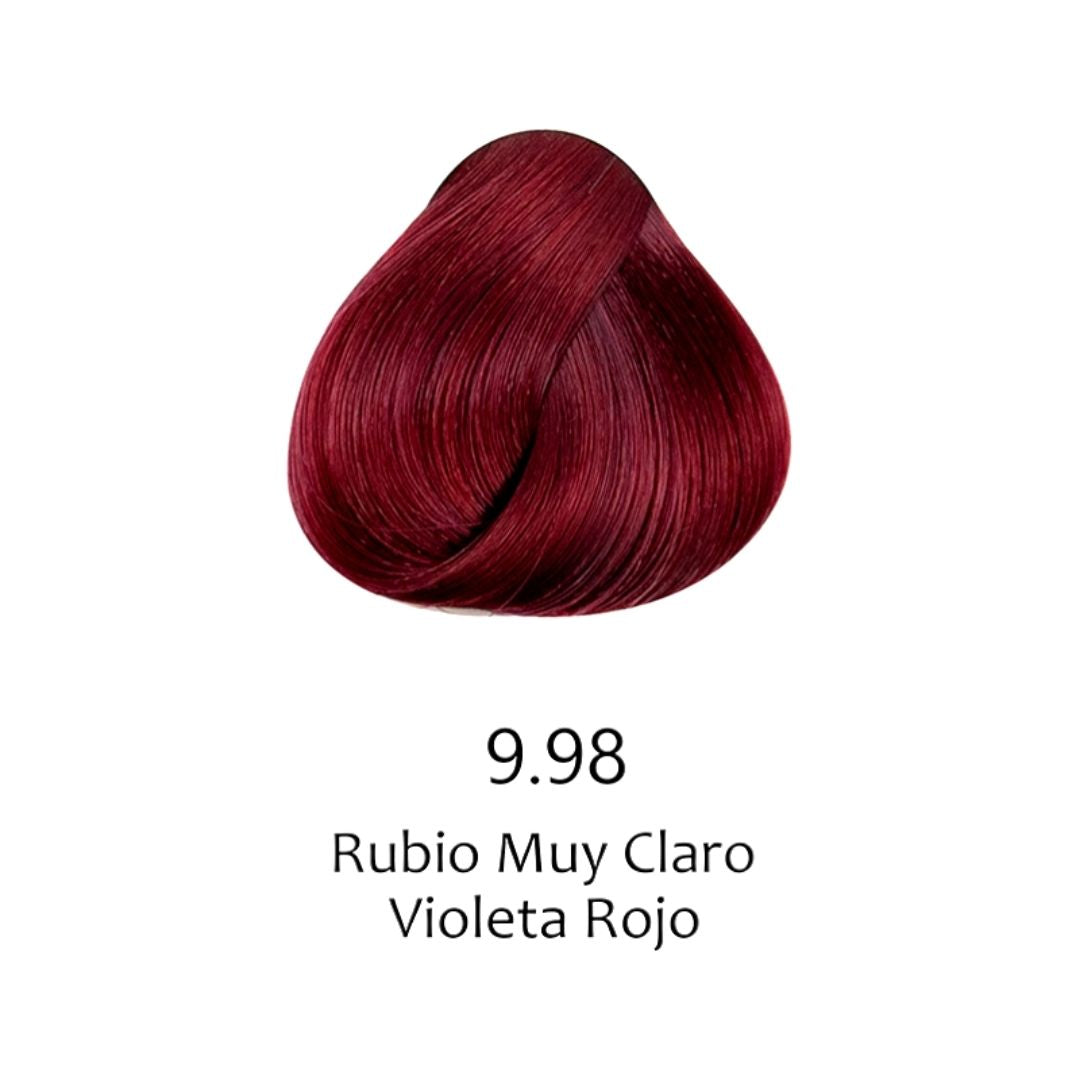 Muestra de color de tinte capilar 9.98 Rubio Muy Claro Violeta Rojo. - Luxent Professional