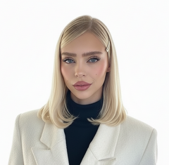 Modelo con cabello rubio liso y brillante, peinado con pinza dorada. Ideal para productos de - Luxent Professional