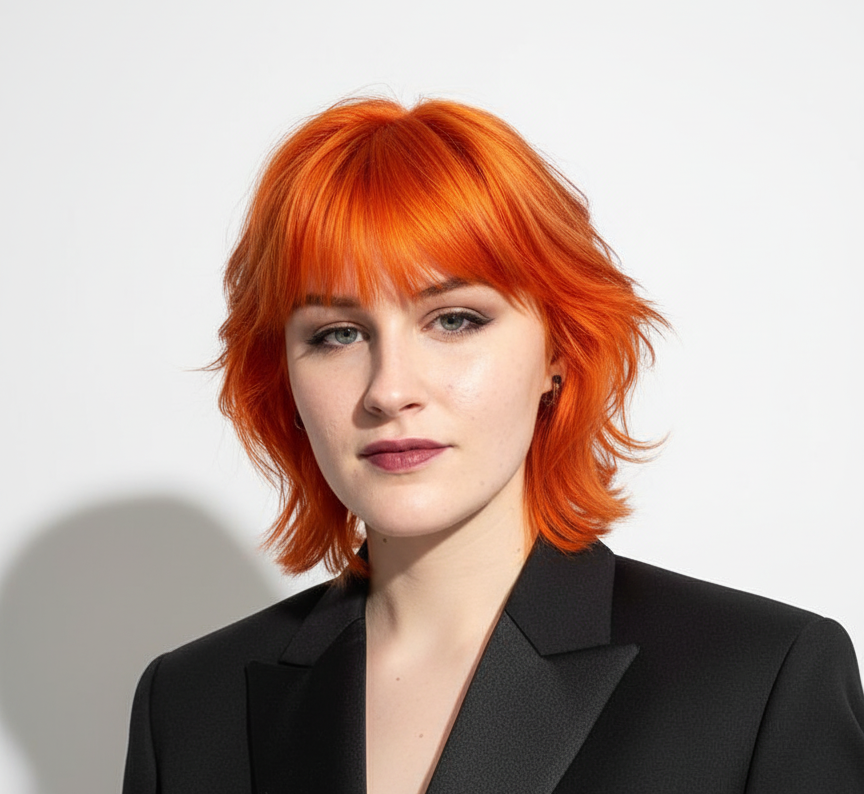 Modelo con cabello corto naranja vibrante y flequillo, ideal para tintes de color fantasía - Luxent Professional