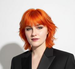 Modelo con cabello corto naranja vibrante y flequillo, ideal para tintes de color fantasía - Luxent Professional