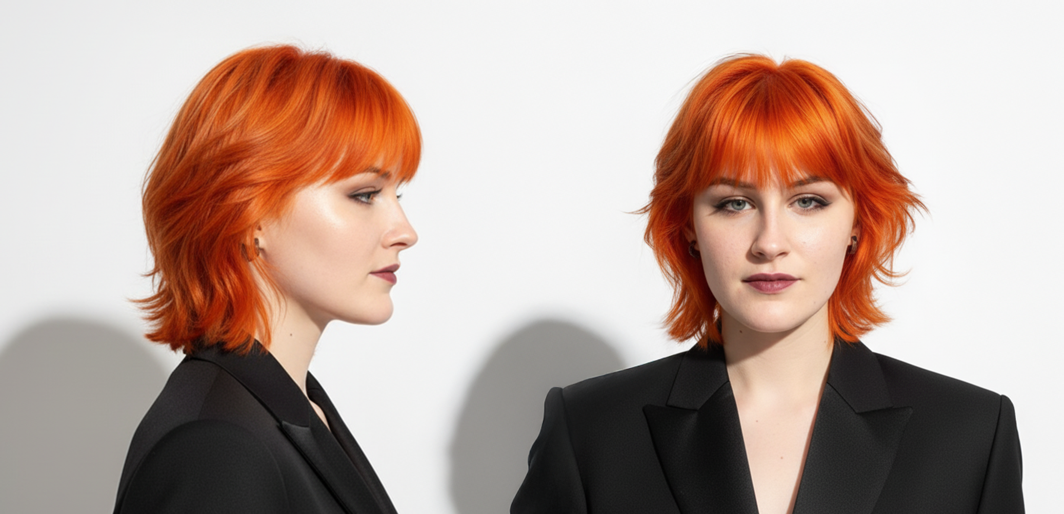 Modelo con cabello corto naranja vibrante, mostrando el color y estilo. - Luxent Professional