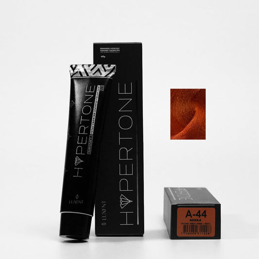 Tinte capilar permanente Hypertone A-44 Naranja, tubo y caja con muestra de color | L'xent Professional