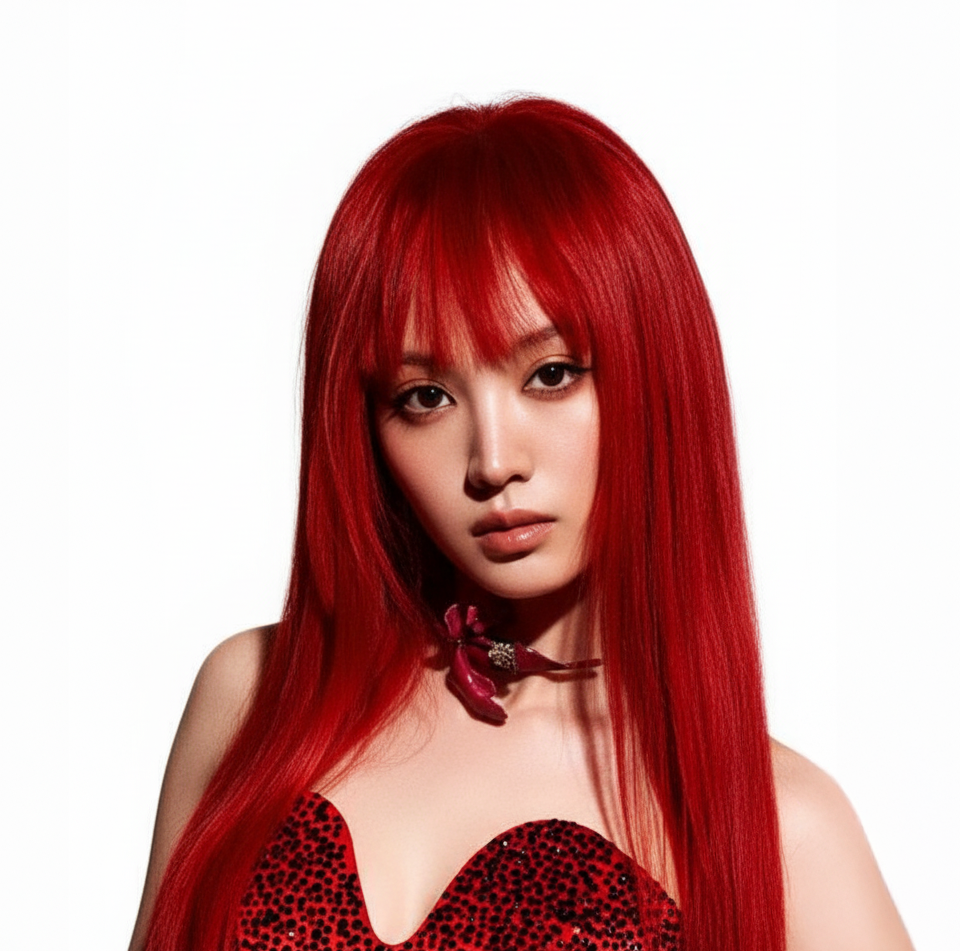 Modelo con cabello rojo intenso y brillante, mostrando un color vibrante y saludable - Luxent Professional