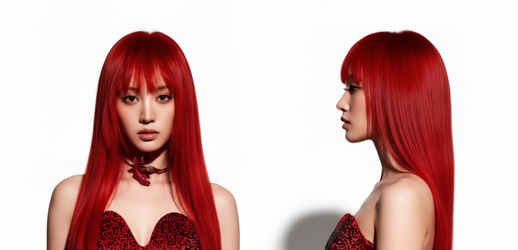 Modelo con cabello rojo intenso liso y flequillo, mostrando color vibrante y brillo. - Luxent Professional
