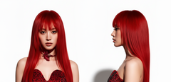 Modelo con cabello rojo intenso liso y flequillo, mostrando color vibrante y brillo. - Luxent Professional
