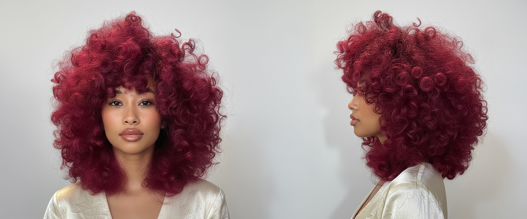 Modelo con cabello rizado voluminoso rojo vibrante, mostrando el resultado de tinte profesion - Luxent Professional