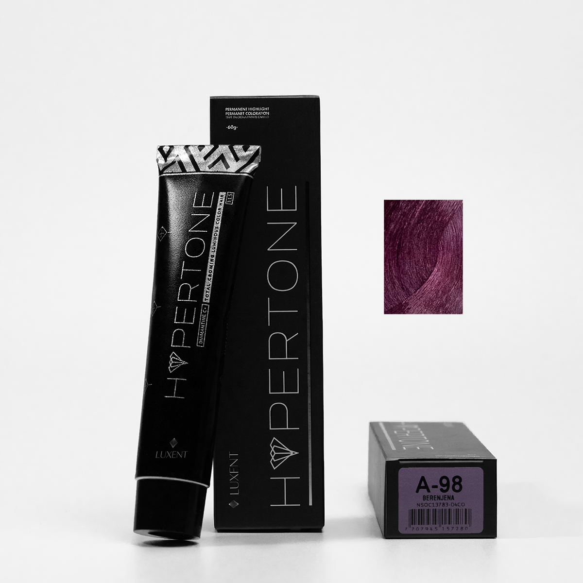 Tinte capilar profesional Hypertone A-98 Berenjena, tubo y caja con muestra de color - Luxent Professional