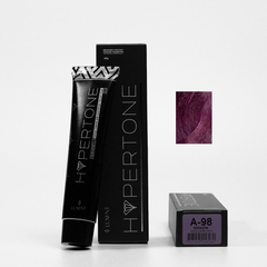 Tinte capilar profesional Hypertone A-98 Berenjena, tubo y caja con muestra de color - Luxent Professional