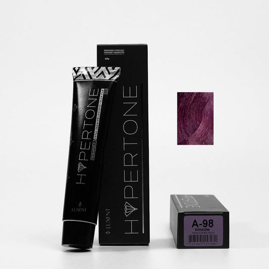 Tinte capilar profesional Hypertone A-98 Berenjena, tubo y caja con muestra de color | L'xent Professional