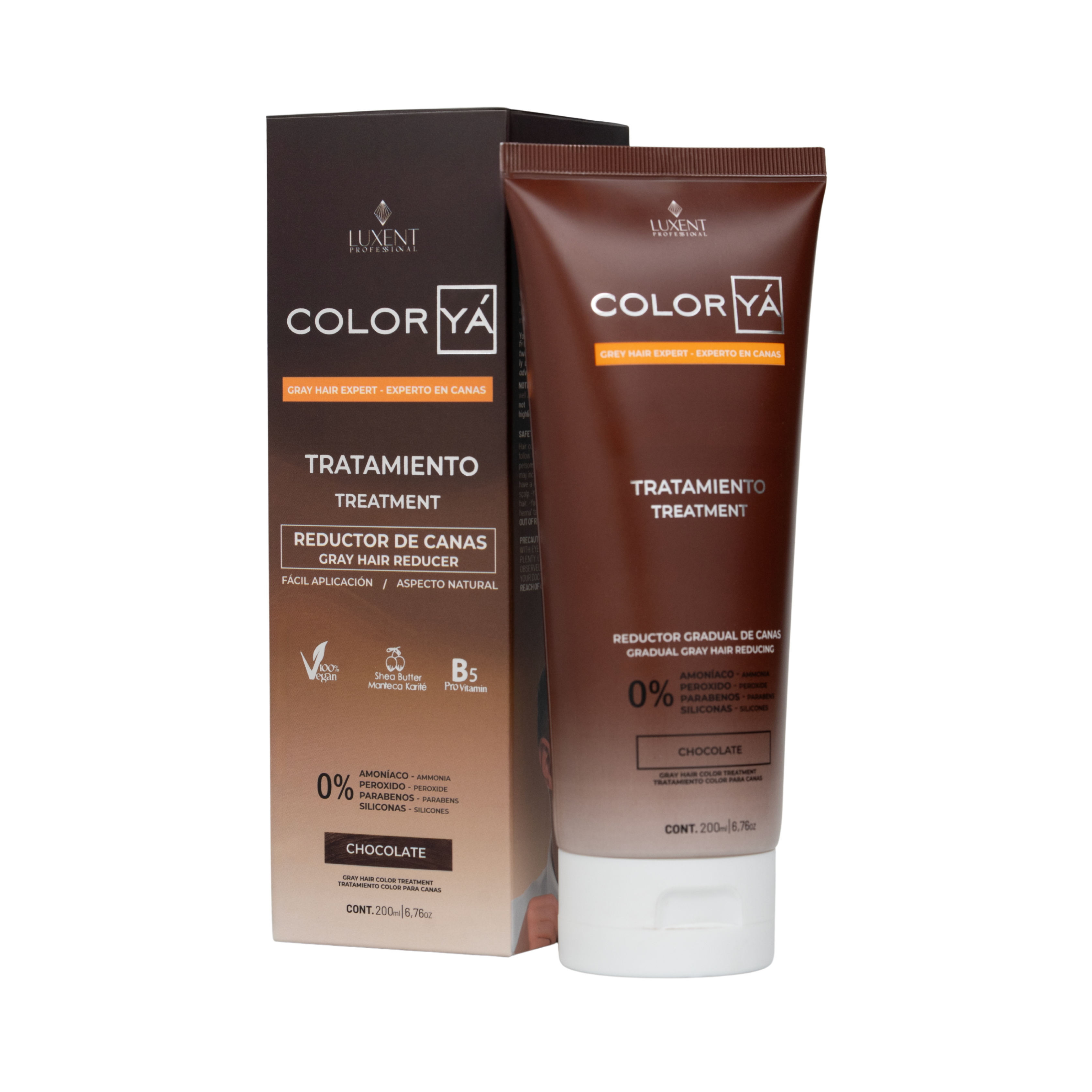 Luxent Professional Color Yá Tratamiento Reductor de Canas tono Chocolate, tubo y caja. - Luxent Professional