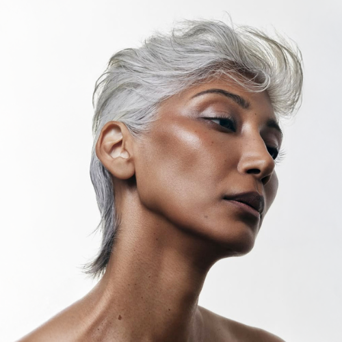 Modelo con cabello corto gris plateado, look moderno y sofisticado de L'xent Professional.
